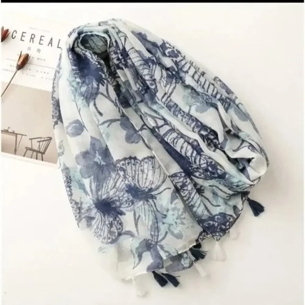 NEW Boho Butterfly Design Tasseled Rectangle Soft Chic Scarf Large Blue White